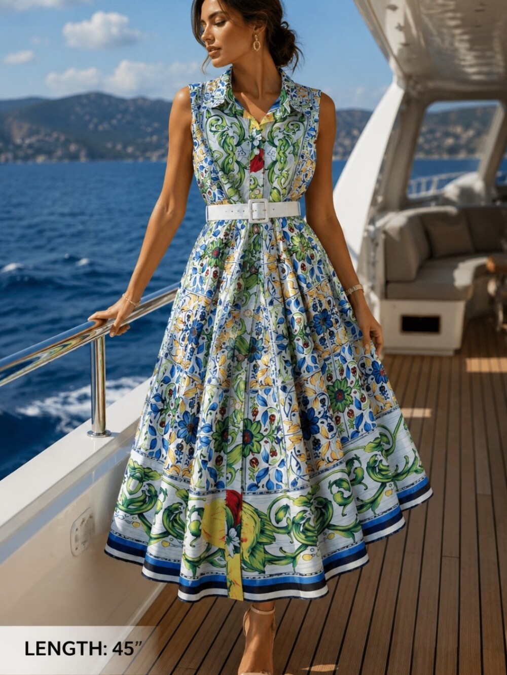 Dalia MacPhee Floral  Tile Print Dress Yacht Resort Amalfi Coast Style Medium